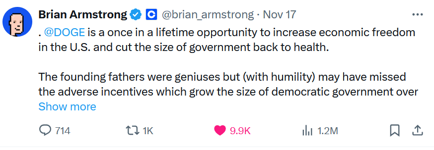 Brian Armstrong calling DOGE as a once in a lifetime opportunity