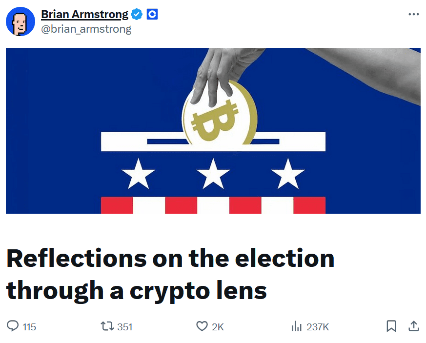 Coinbase CEO Brian Armstrong and his reflections on the US elections