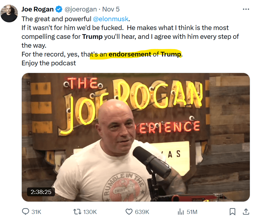 Joe Rogan and his Trump endorsement on X