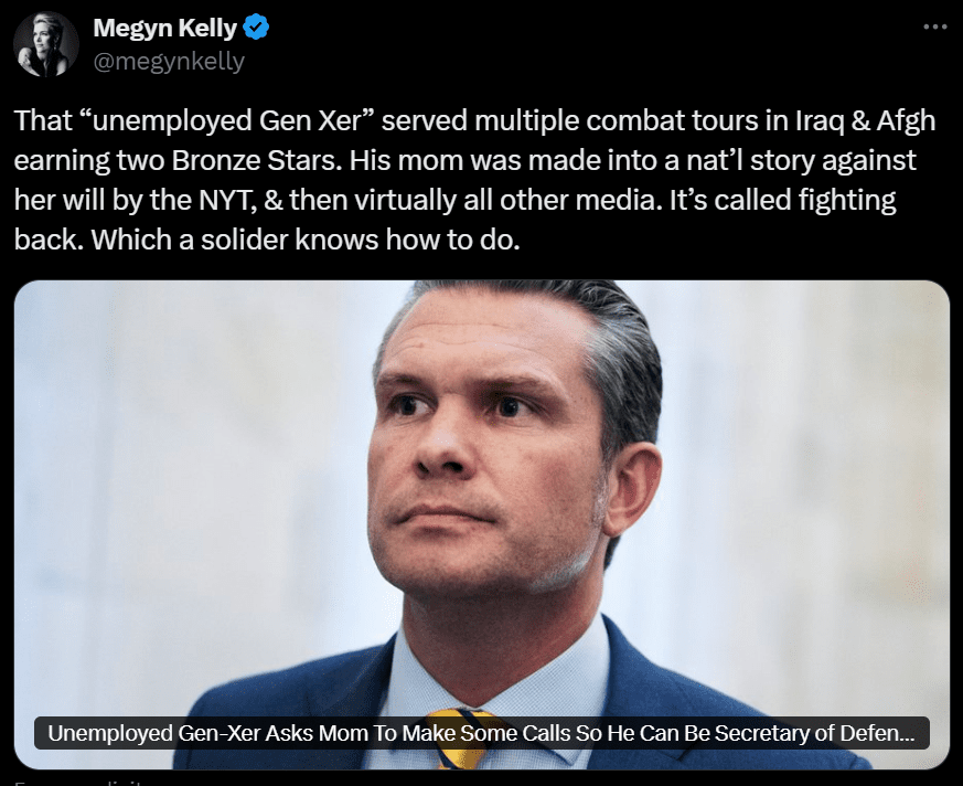 Megyn Kelly supports Pete Hegseth on X