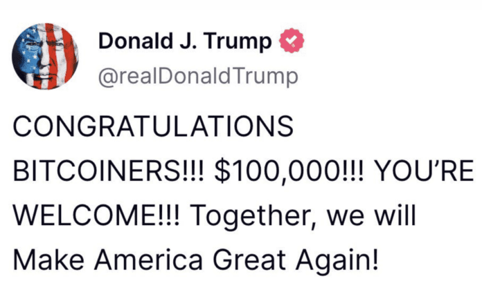 Donald Trump cheering the $100k mark for BTC