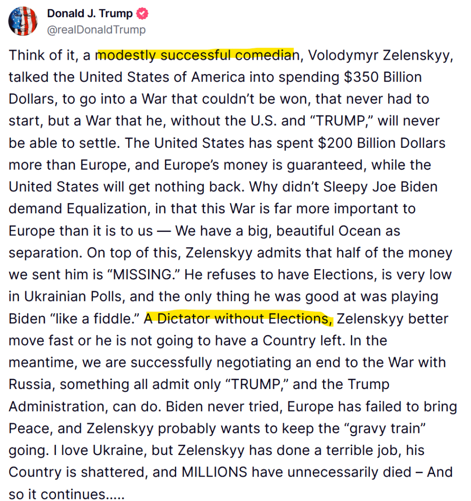 Donald Trump calling Volodymyr Zelenskyy out as a dictator