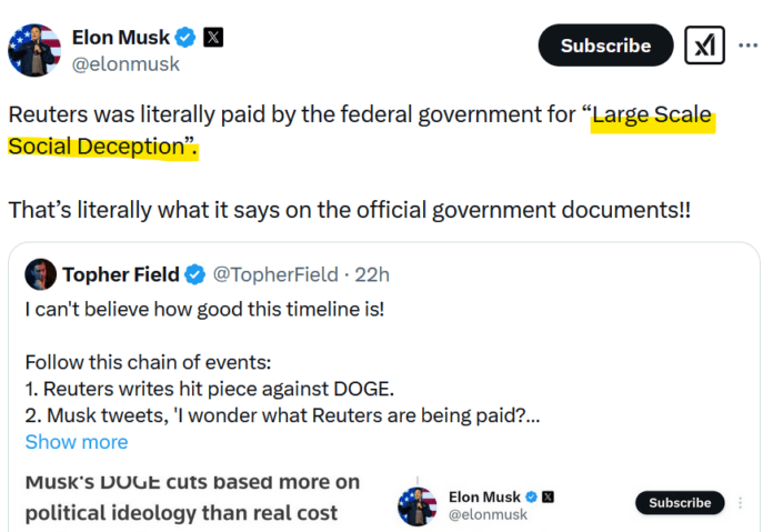 Elon Musk accuses Reuters of being weaponized by the Biden administration