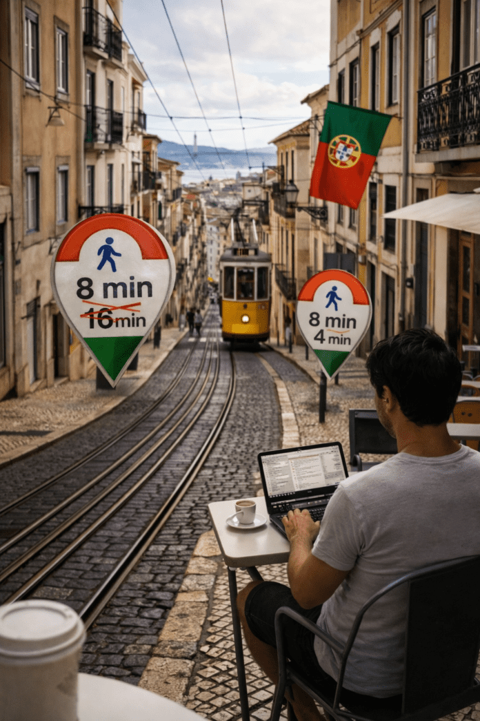 Remote work scene in Lisbon with a tram climbing a steep hill.