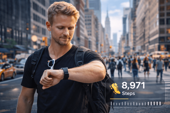 Digital nomad tracking 10,000 daily steps while walking through a city.